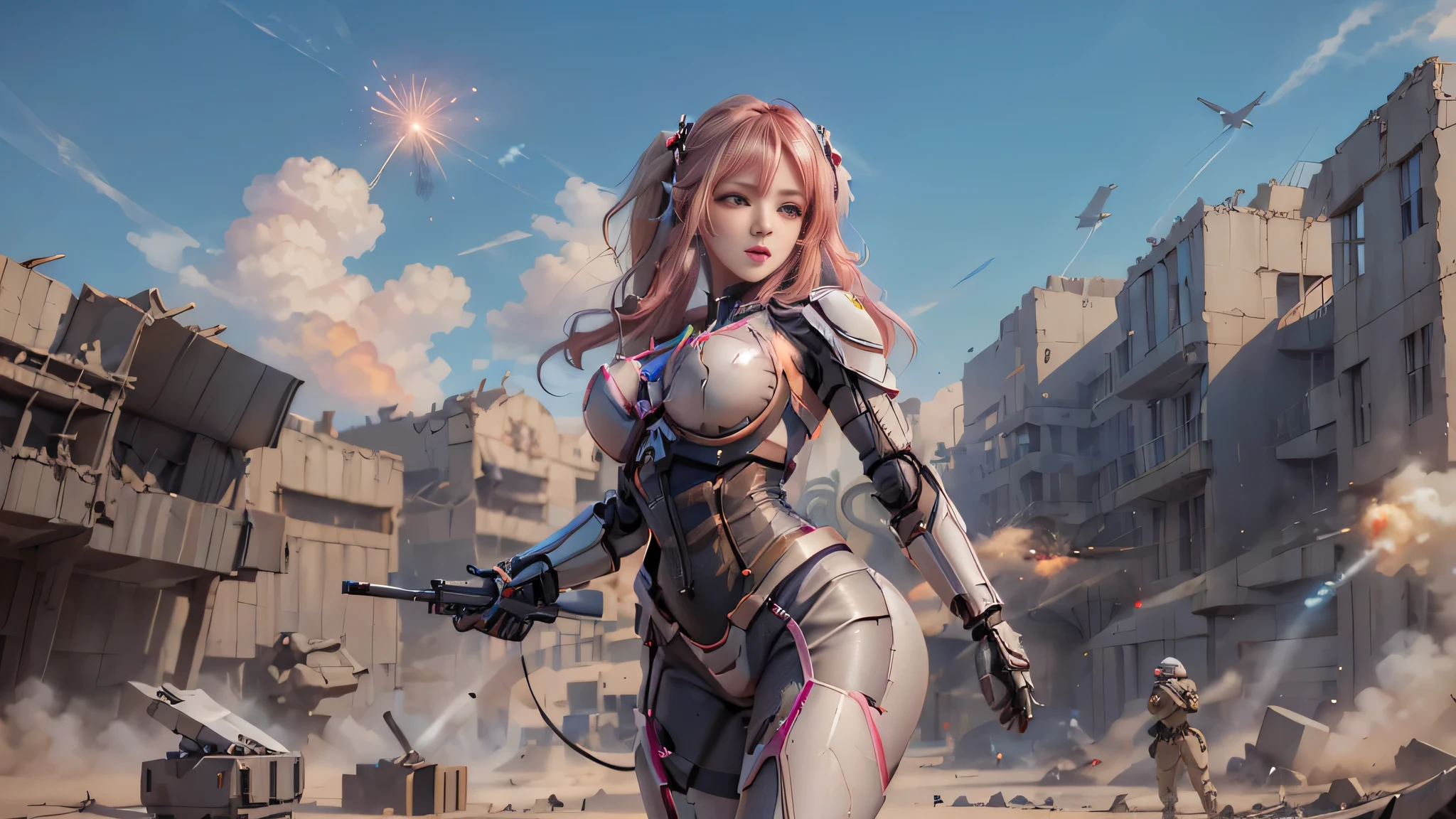 lifelike, High resolution, soft light,1 female, alone, Buttocks up, (Detailed face), long hair, pink hair, Mecha girl, Mechanical parts box，very big , Unity, solo Robotic arm, have, Mechanical Halo, very huge breasts，hello star, Electromechanical jumpsuit, Mecha corset,, smokes， Huge chest attracts viewers，low cut，machine gun，Face the audience，very huge ，huge breasts，sword，gun，knife，pistol，radio，missile，airplane，ruins， and，Robotic arm，destroyed buildings，struggle，fire，balls of fire，thunderclap，fireworks，bombing，high tech，future，dust，dust