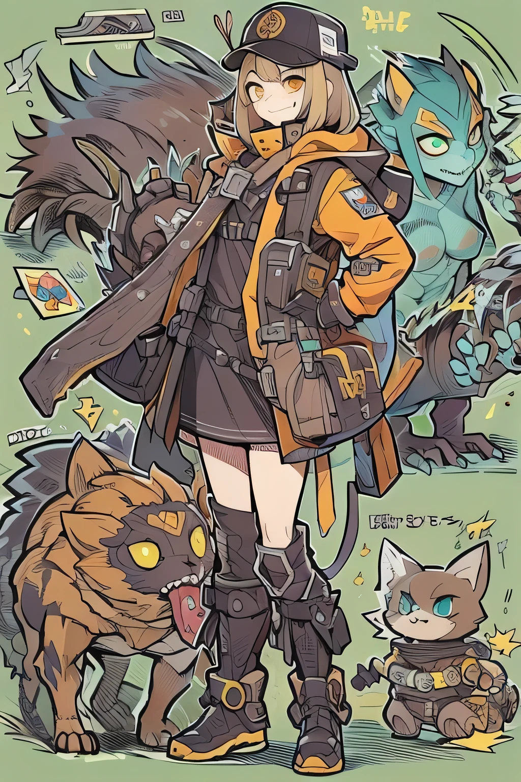 The companions of a boyish girl and a creepy and cute monster、anime-like、Adventurer、A determined smile、Brown hair with light blue mesh、Monocle with analytical abilities、sporty、Ouroboros ring emblem、Cat ears hat、 he is equipped with a mechanical gauntlet in his right hand.、Orange Hoodie、Knee guard、lace up boots、1 shoulder bag 、。character design sheet、 This monster was inspired by Giger.、Expedition Style、The monster is mshn robot style、Card Game Style