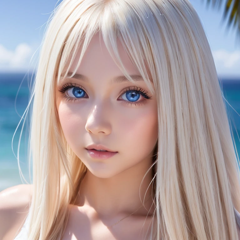 A beautiful girl with super long shiny blonde hair、Very beautiful bright light blue big eyes、very big eyes、Hair between the eyes、(muste piece, best quality:1.3), 8K, official art, Raw photo, disorganized, delicate blonde girl, (close up of breasts, Embarrassingly cute face:1.2), white bikini, cinch waist, large breasts, bangs, Violacea, gardenia, (solo, on the beach, horizon, beautiful sea, sky porn, sunny day:0.8), (simple background:1.4), (bokeh background:1.3), face light, Ten generations, Looking at Viewer, thin arms, film grain, chromatic aberration, Tits sharp focus, dynamic lighting, (detailed face:1.2), (shy smile:0.3)、small face beauty、White shiny skin、cheek gloss highlight