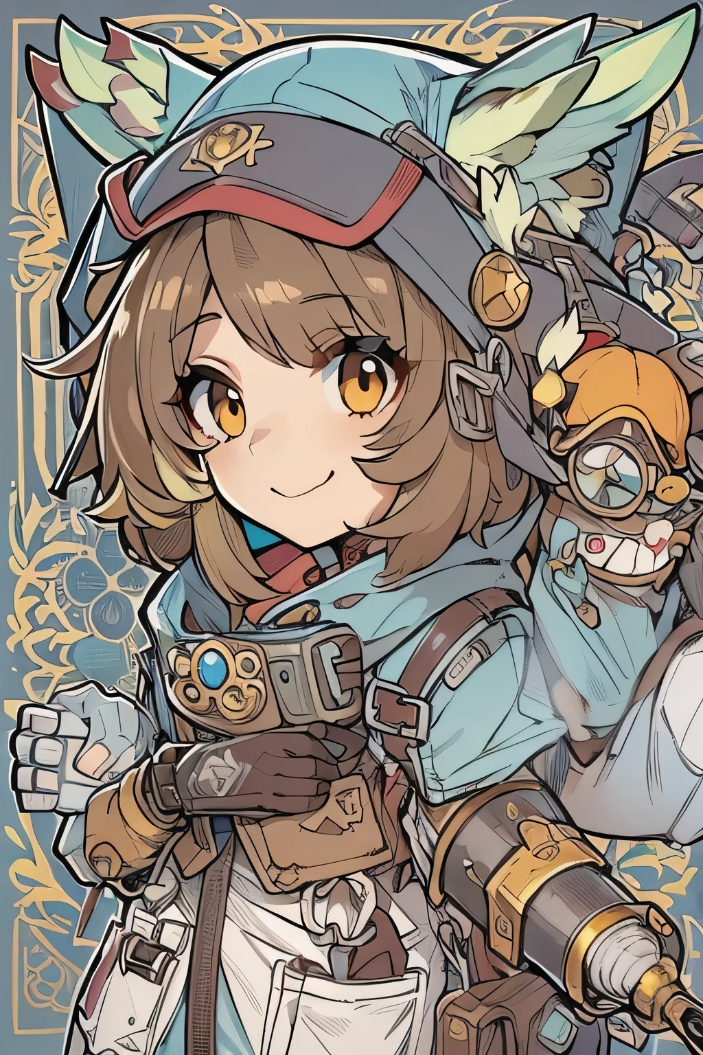 The companions of a boyish girl and a creepy and cute monster、anime-like、Adventurer、A determined smile、Brown hair with light blue mesh、Monocle with analytical abilities、sporty、Ouroboros ring emblem、Cat ears hat、 he is equipped with a mechanical gauntlet in his right hand.、Orange Hoodie、Knee guard、lace up boots、1 shoulder bag 、。character design sheet、 This monster was inspired by Giger.、Expedition Style、The monster is mshn robot style、Card Game Style
