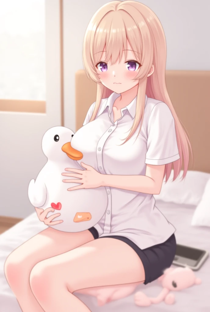nodokaharamura, 1girl, solo, pink middle hair, huge breasts, red ribbon,
schooluniform, thighhighs, loafers, stuffed penguin,
indoor, sitting, holding stuffed penguin in arm,