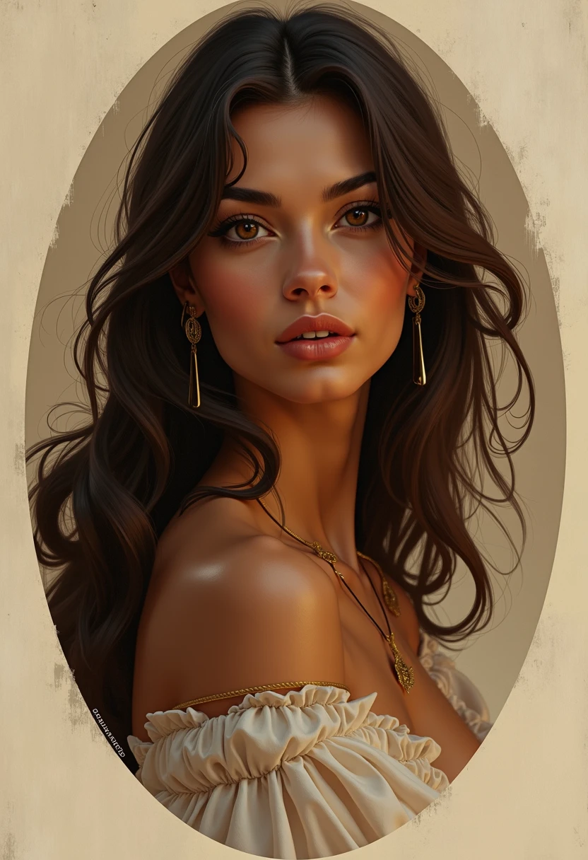 Create a beautiful Egyptian woman, straight brown loose hair, brown eyes and white oval face Egyptian ancient Egypt not so thin 