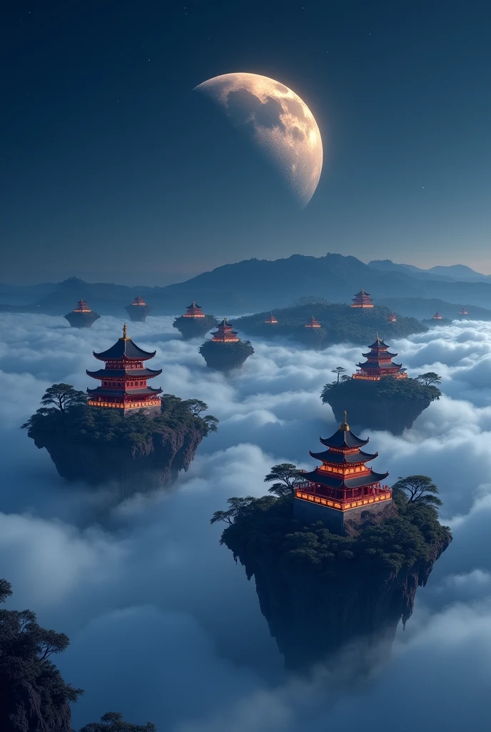 small floating islands with Chinese temples above the clouds at nighttime with a giant planet in the sky in anime style at 4K resolution
