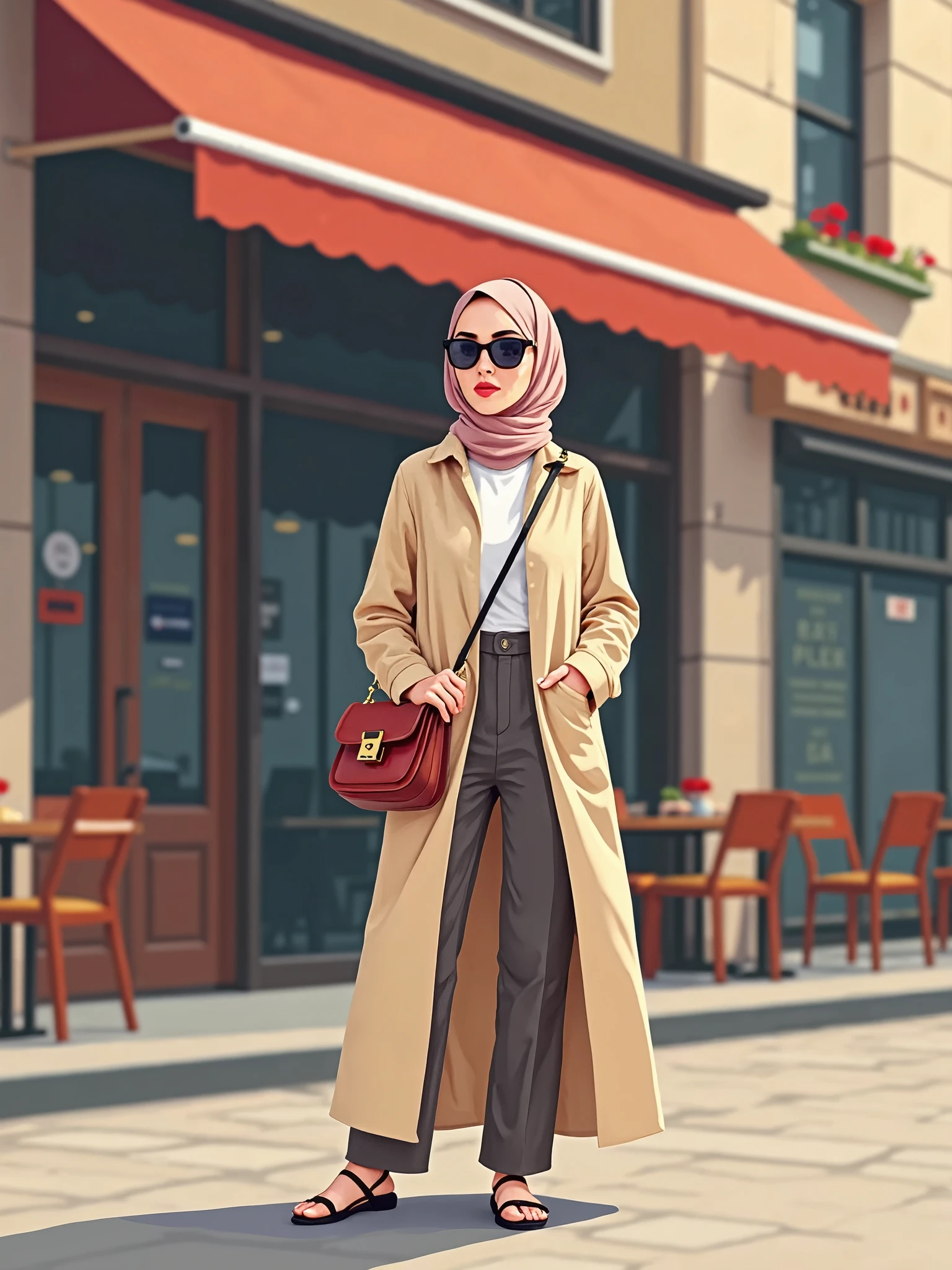Please make me a picture showing a woman in a hijab, in front of various potted plants, with decorations and carrying a matching handbag, wearing a modern blue robe combined with jeans ((full body)). while standing smiling sweetly at the viewer, the person also wore pointed-toed shoes that matched the clothes. Behind the person, there is a collection of greenery of various sizes and shapes, creating a lush backdrop.