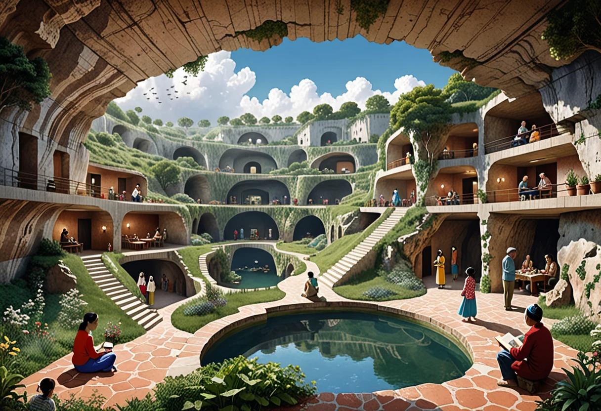 In an illustrated style, about 20 underground dwellings are depicted, each inhabited by residents with unique personalities. The living spaces are separately divided and independent, with families preparing meals, families relaxing with tea, individuals reading books, people painting, families caring for ren, couples making love, men and women embracing, individuals meditating, people fighting, and quarrelsome couples. Above ground is lush with greenery, and the nearly invisible sky is blue with cumulonimbus clouds. There are cross-sectional and aerial views, showcasing detailed depictions of daily life. The composition is captivating, with rich colors reminiscent of a 'Where's Wally?' style. It is a collection of caves, featuring cross-sections of about 30 residences within tunnels, presented in a flat depiction. 80% of the total is underground, in a two-dimensional flat portrayal with geological accuracy, providing a rich depiction of people's lives and habits, adding a sense of reality. The structure is maze-like, stylish, and features distinct color tones. It is not a bird's-eye view but a cross-section taken from the side. An elevator world. There are about 20 round, wide, white spaces vertically connected by elevators, spaced apart slightly. It's a dreamlike world, bright and warm, with warm color tones.