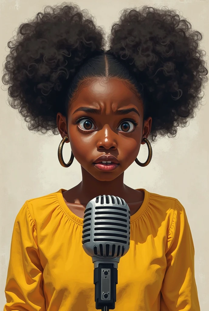 She's a black Nigerian girl on a yellow blouse. She has afropuffs, hoops earrings. She looks so scared extremely scared of the microphone which is at her front.