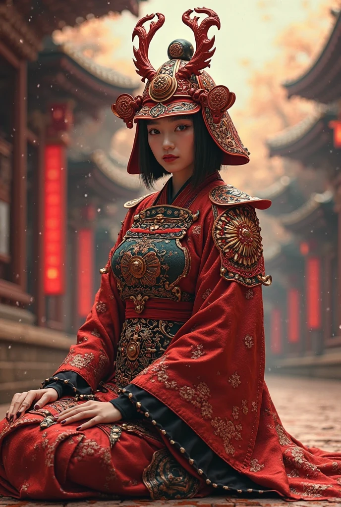 （Photorealistic:1.4）、1 beautiful Japanese woman, (Onmyoji:1.2) Women Who Wear Multiple Layers All Over ( Orichalcon Heavy Metal :1.2)、(Red Orichalcon armor with complex shapes:1.2)、 Armor Helmet with Complicated Shape Detailed reproduction 、adds an intricate mandala pattern to his armor helmet、Light up the mandala pattern、????????????、（Sitting in the lotus constellation ）、(( Insanely Detailed Kongo Weapons 、Kameru：1.4))、perfect ???????、 Shingon Esoteric Worldview 、Ancient city background、Glowing Skin、???????、Straight Short Bob Cut Hair、No bangs 、 Please make your head smaller、full body、