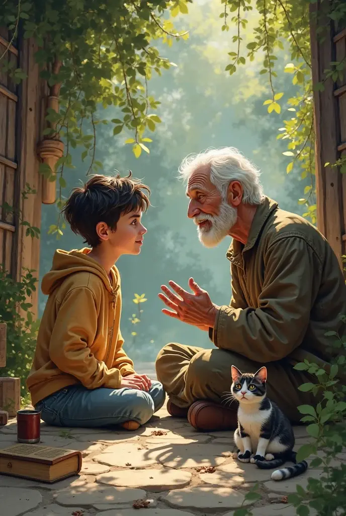 এক লোক আর তার ছোট ছেলে। ঘড়ের ভিতর দারিয়ে
 কথা বলছে