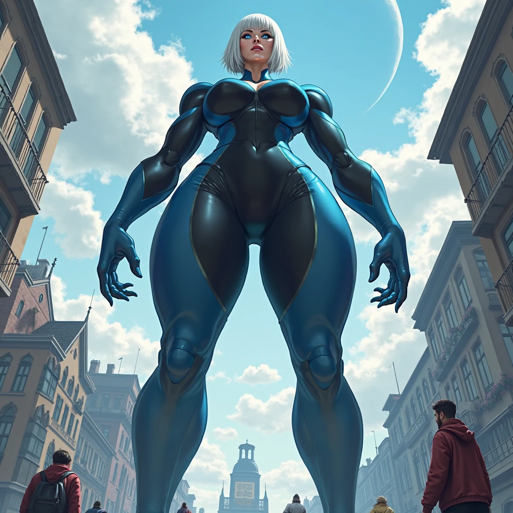1girl, solo, masterpiece, best quality, detailed, narrow waist, wide hips, huge breasts, huge ass, score_9, score_8_up, score_7_up, rouge the bat, evil smile, giantess, cityscape, glowing eyes, bursting breasts, growth, motion lines, covered abs, muscular, flexing, full body