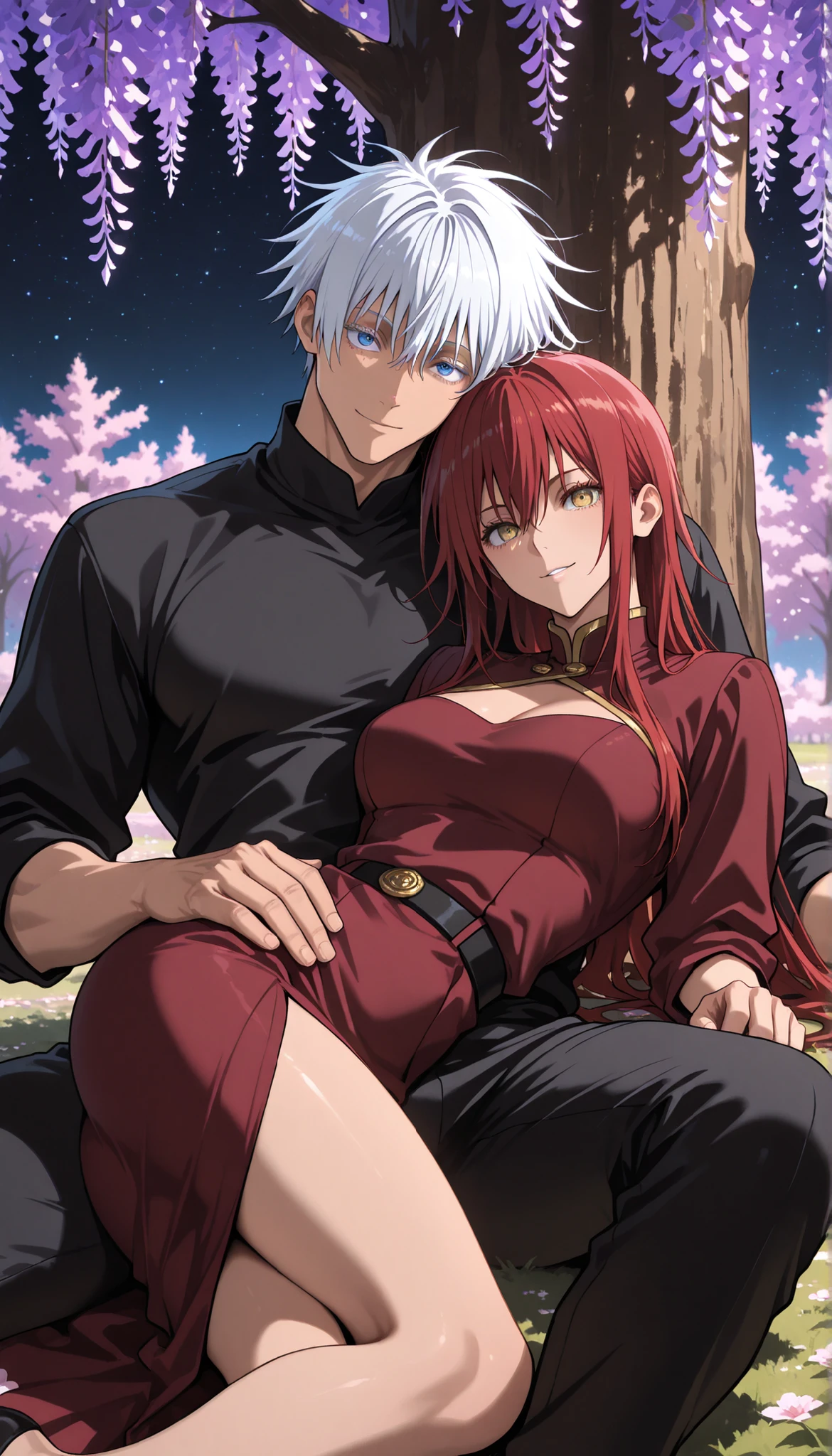 masterpiece, best quality), safe, amazing quality, very aesthetic, absurdres, highres, newest, HDR, 8K, high detail RAW color art, large pupil, eyelashes, couple, hetero, duo focus, (size difference, high difference), smile, having fun, under a large tree Wisteria sinensis, pink colors flowers, romantic, cute pose, dynamic pose, looking at each other BREAK female focus, 1 woman, ((Lora:Shana_Ryu)), (medium Breasts:0.9), sexy, sharp golden eyes , hair between eyes ,red hair, long hair, long sidelocks , very long red hair, red dress, clear highlights , Perfect Eyes, red dress, sitting under the tree Wisteria sinensis, night starry sky, BREAK 1man, male focus, adult, Gojo Satoru, Jujutsu Kaisen, ((Lora:Gojo-Satoru)), male focus, white hair, short hair, blue eyes, cool large shirt, black shirt, muscular, sexy man, handsome, mature, handsome, sexy man, sensual, lean, muscular, cool black shirt, black pants, lying with head on woman's lap, lying under tree