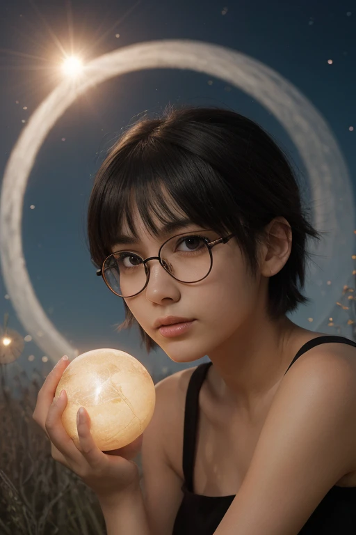 (( 1girl )), Anime , dark short hair, kulit gelap, lens of shiny glasses, mouth closed and expressionless, duduk, with his hand holding a luminous sphere while two other luminous spheres orbit around it.