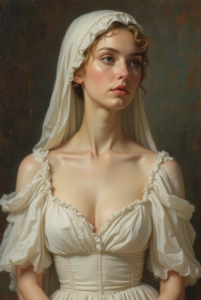 Raphaelian Style Painting , Beautiful white woman with big  is wearing a light dress.