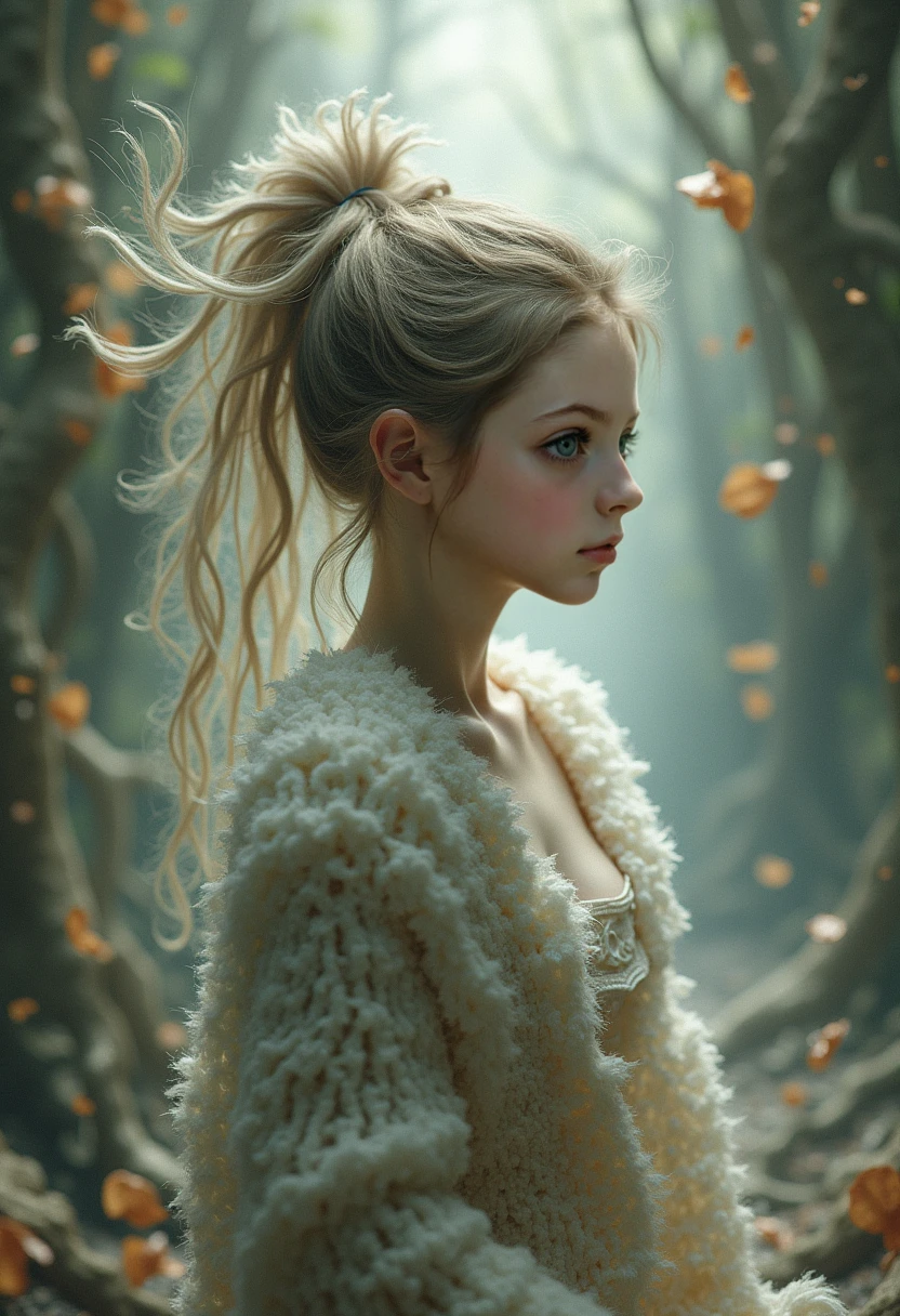  concieve an image that represents suggestion and concept, bleeding into reality and altering perception, the intricacies and algorithms of natural order crumbling and splintering creating a more abstract and unstable description of cosmic relationships and functions, spiritual wonder, spiritual awe, beauty incarnate, shy expression, fluffy sweater, fluffy clothing, (((very small ???????))), (((little ???????))), (((tiny ???????))), (((flat ?????:0.1))), (((very tiny ???????))), (((very ????????????)))