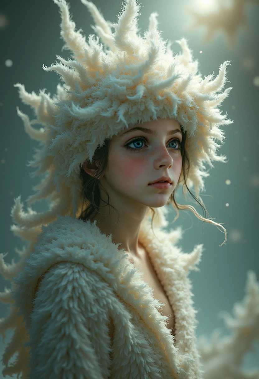  concieve an image that represents suggestion and concept, bleeding into reality and altering perception, the intricacies and algorithms of natural order crumbling and splintering creating a more abstract and unstable description of cosmic relationships and functions, spiritual wonder, spiritual awe, beauty incarnate, shy expression, fluffy sweater, fluffy clothing, (((very small ???????))), (((little ???????))), (((tiny ???????))), (((flat ?????:0.1))), (((very tiny ???????))), (((very ????????????)))