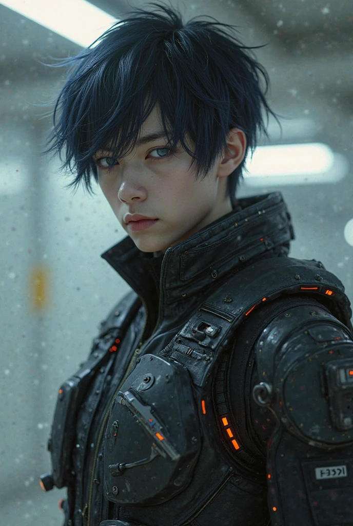 1boy, navy short hair, expressionless, silver eyes, a downed hair, skin suit, core vest, Amplifier on the arm/chest