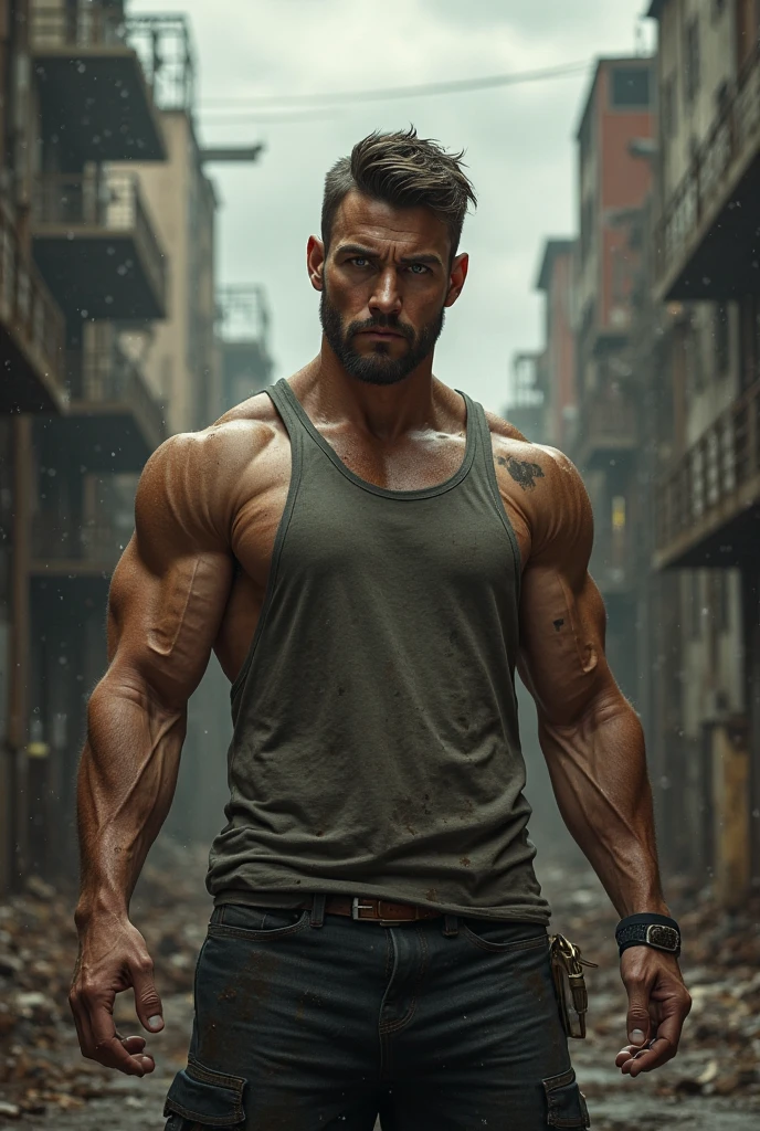 Allad man without a shirt standing in front of a ladder, slender arms, slender and muscular figure, thin upper arms, thin young male, lean but muscular, muscular !!, full body picture, complete upper body, complete extremely slim body, suitable photo, proportionally huge arms, muscular! Wear a pair of brown trousers, a large bag, and black handcuffs --auto --s2