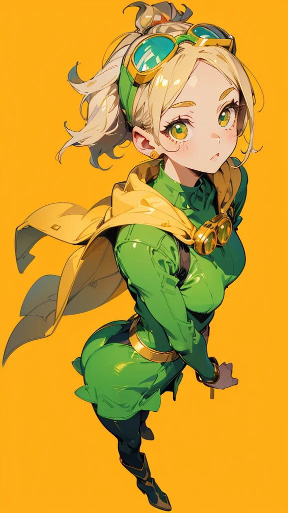  ,,top quality,  Super fine, 16k,  unbelievably stupid , are very good and detailed, Beautiful Adorable Woman   , Shy , is big, bright eyes,  Simple Colored Background ,pantyhose, gold, green clothes,is big goggles on the head,long boots,JoJo's Bizarre Adventure Style Pose,is ,  seen from above