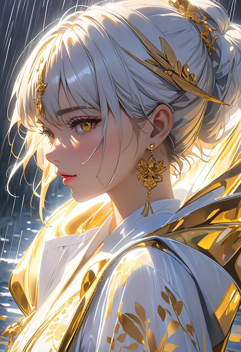 in the rain、 Gold Tattoos for Girls with Gold Earrings, gold tattoo of a girl with gold earrings in the style of V ray tracing,  then Martin , Famous, Poured, close-up, Dark white and gold, speed painting, masterpiece, top quality,