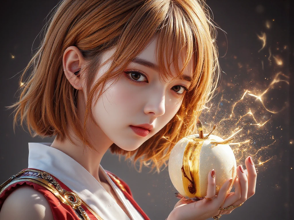   pretty girl , Very beautiful, Beautiful like an angel, , Young face,  face down, , bow your head down, Look at the fruit in the hand, , gasp, magic apple fruit, There are golden lightning sparkles around the fruit, notched on the beautiful fruit, . Fruits have golden auroras protruding from the joint., Fruit has straight transverse angular wrinkles, Medium Cut hairstyles, Full body model,  flat chest ,  Very beautiful, orange hair, orange hairๆ, orange hair, ย้อมorange hair, My hair is very short., short hair, earlobes, ผิวVery white, Very white, beautiful, Wear a white princess dress,  images , very detailed, high quality walkers ,  อนิเมะเป็นimages,  whole image,  แสงเงาimages, It&#39;s shiny., Japanese style, angle, Stagnant,  japanese, White skin, top body model, flux realistic, thin,  face down, images,  whole image, Masterpiece,movies,resolution 8k, clear details, desert background, daytime, Standing on a shallow pool, Reflective Water, top view.