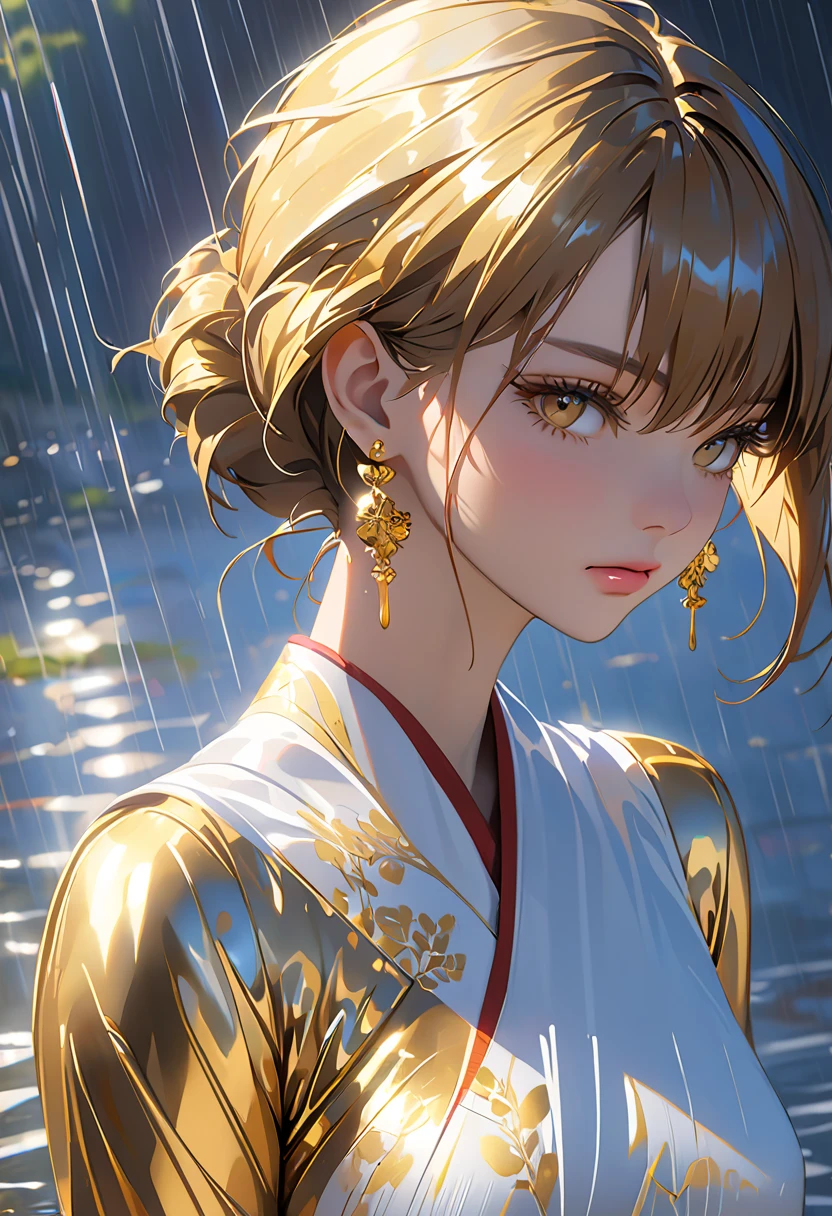 in the rain、 Gold Tattoos for Girls with Gold Earrings, gold tattoo of a girl with gold earrings in the style of V ray tracing,  then Martin , Famous, Poured, close-up, Dark white and gold, speed painting, masterpiece, top quality,