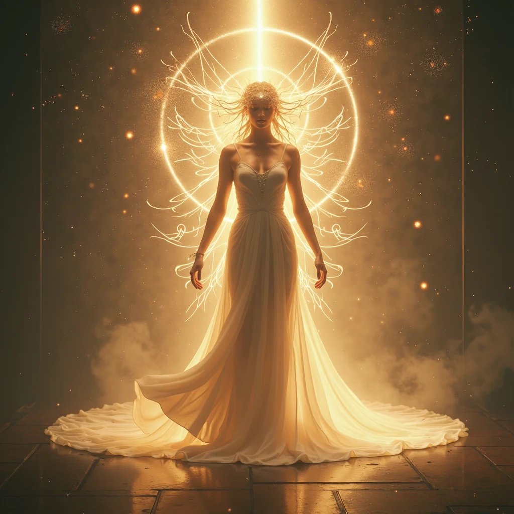 arafed woman is holding light particles, t pose, t - pose, t-pose, woman standing in defensive pose, confident action pose, t-pose of wizard, long hair , in an action pose, The contours of her body shift slightly, as if the light itself is in constant motion, creating a fluid and fascinating form. Around her, a radiant halo extends, resembling an aura that seems to breathe. This emitted light casts delicate rays that dance in a calm rhythm, like stellar particles dissolving into the air. The halo not only enhances her aura but also acts as a symbol of the magical protection she offers. Her face is subtle and difficult to define, reminiscent of the abstract lines of constellations, which heightens the mystery of her presence. Her eyes appear to be made of concentrated rays of light, radiating a gentle and wise gaze. Instead of hair, fine beams of light flow from her head, like luminous waves that fade and return to the energy surrounding her. Her movements are graceful, as if she is an integral part of the cosmic flow. Her inner energy visibly pulses, giving the impression that her life is deeply connected to the balance of hidden dimensions. As a whole, Lumivora emanates a warm, protective, and inspiring presence. Her visual aspect embodies the idea of light lost and found again, becoming a symbol of hope for those who encounter her. Every detail of her appearance reflects the harmony and delicacy of a cosmic protector,Masterpiece, Best Quality, Anatomically Correct, High Resolution, Best Quality, Detail, HD, High Details, High Quality, Quality, Super Detailed, UHD, Textured Skin,epic, cinematic, dramatic, intricate details, highly detailed, 8K, hyper-realistic, photorealistic, dramatic lighting, cinematic atmosphere, depth of field