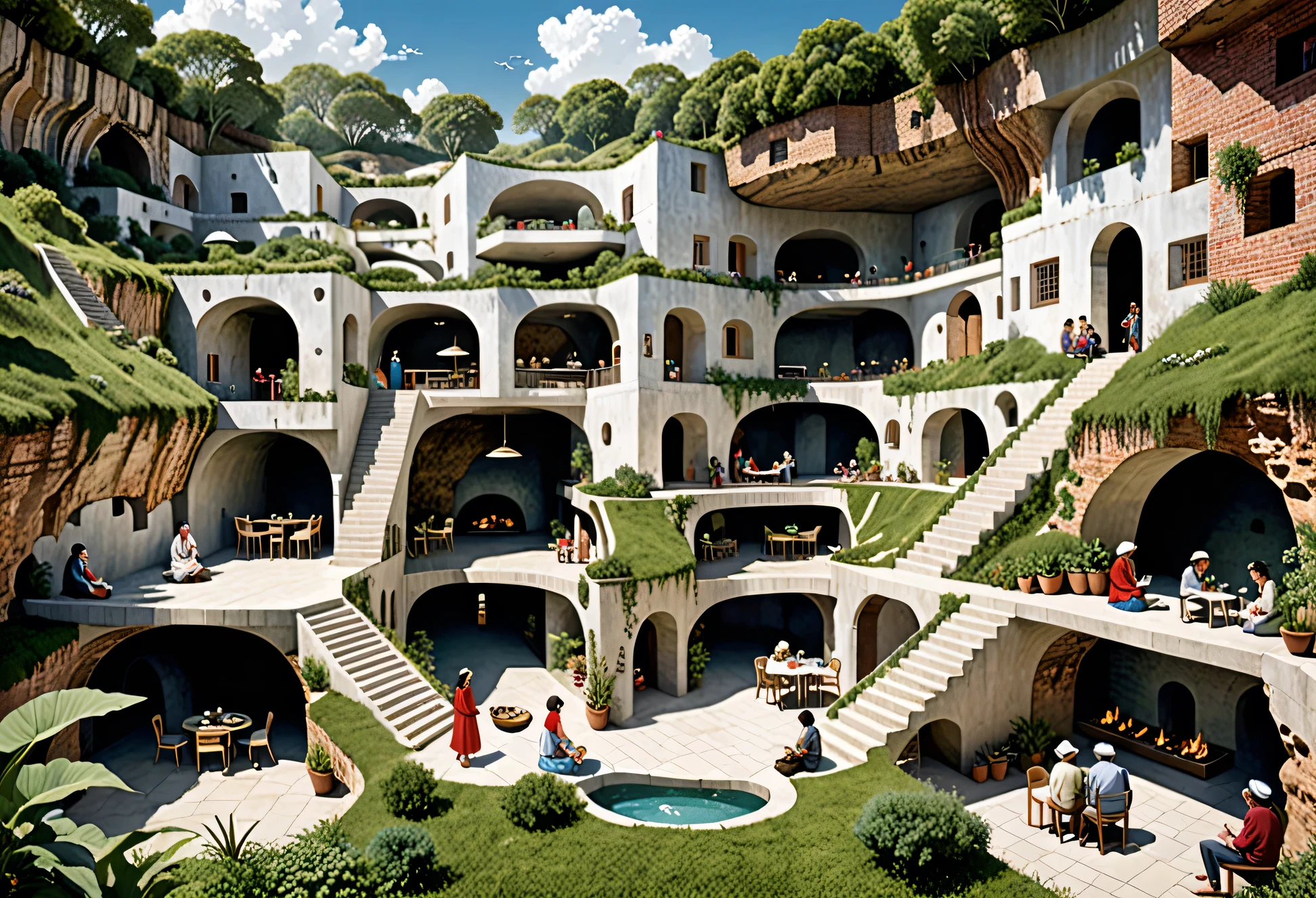 In an illustrated style, about 20 underground residences are depicted, each inhabited by residents with unique personalities. Each living space is separately divided and independent, featuring families preparing meals, families relaxing with tea, individuals reading alone, people painting, families caring for ren, couples ??????????, men and women embracing, individuals meditating, and couples arguing. The surface is lush with greenery, and the nearly invisible sky is blue with cumulus clouds. There are cross-sectional views and aerial shots from the side that show detailed depictions of daily life. The composition is captivating, with rich colors resembling the 'Where's Wally?' style. It is a collection of caves, featuring cross-sections of about 30 residences within tunnels, depicted in a flat manner. 80% of it is underground, represented in a two-dimensional format, with geological accuracy, rich depictions of people's lives and habits, and a sense of realism. The structure is maze-like, stylish, and distinctly colorful. It is not a bird's-eye view but rather a side-cut cross-section. An elevator world. About 20 round, wide, white spaces are vertically connected by elevators with slight intervals. It's a dream-like world, bright and warm.