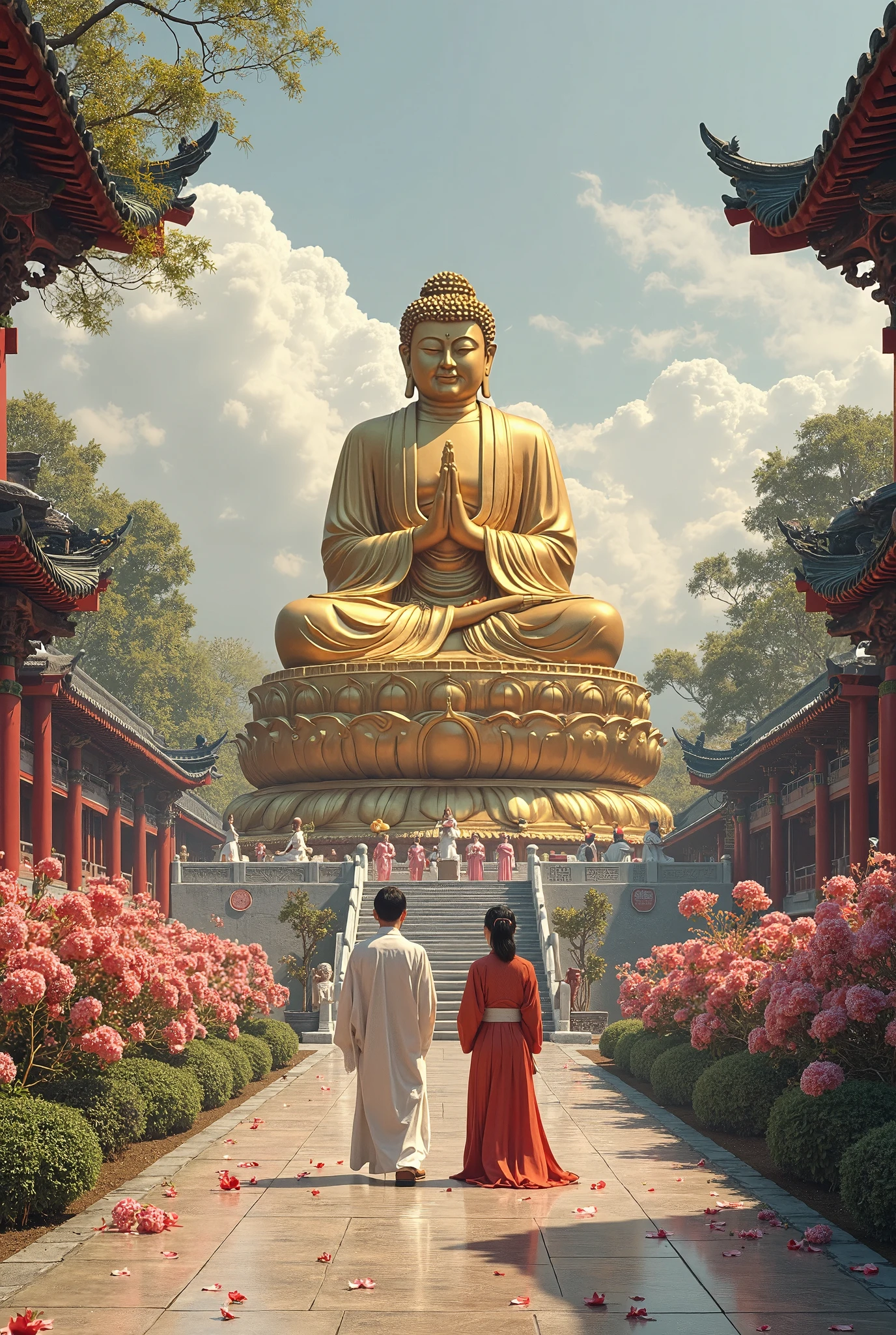 (Best quality, A high resolution, Masterpiece:1.2, In 3D style), A painting depicting a detailed and realistic scene of a serene ancient Chinese temple courtyard. In the center of the image is a giant golden bronze Buddha statue seated gracefully in the lotus position, exuding tranquility and wisdom. The Buddha, with hands clasped in prayer, symbolizes reverence and faith. Below the statue, a couple dressed in traditional Chinese attire kneels humbly in prayer, their expressions filled with deep devotion. A few visitors walk respectfully through the temple grounds, admiring the sacred atmosphere. The courtyard is adorned with flowering bushes and greenery, adding natural beauty and color. In the distance, the architectural structure of the temple can be seen, seamlessly blending with the surroundings. The overall aesthetic reflects the elegance and cultural richness of ancient China, brought to life through vivid realism and historical authenticity,