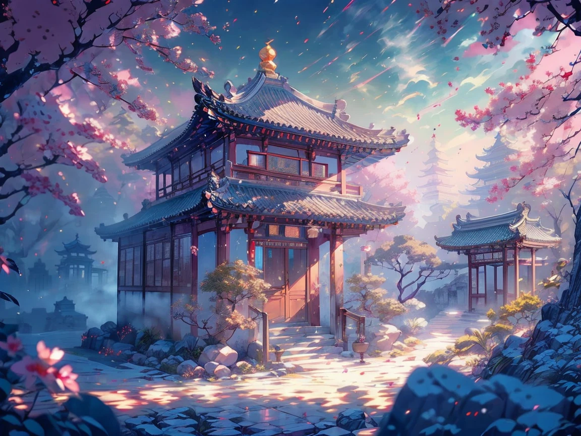 ultra high definition,고화질,8k,delicate expression,Precise rendering,fantasy,oriental style, Oriental Background, 고대 중국 temple, giant mansion,Axial restoration, White concept, opal 장식,temple,shining,opal,High Place Daishitang,A huge shrine on a high place,A shrine at a very high place,colorful colors,opal색 벚꽃,opal색 꽃