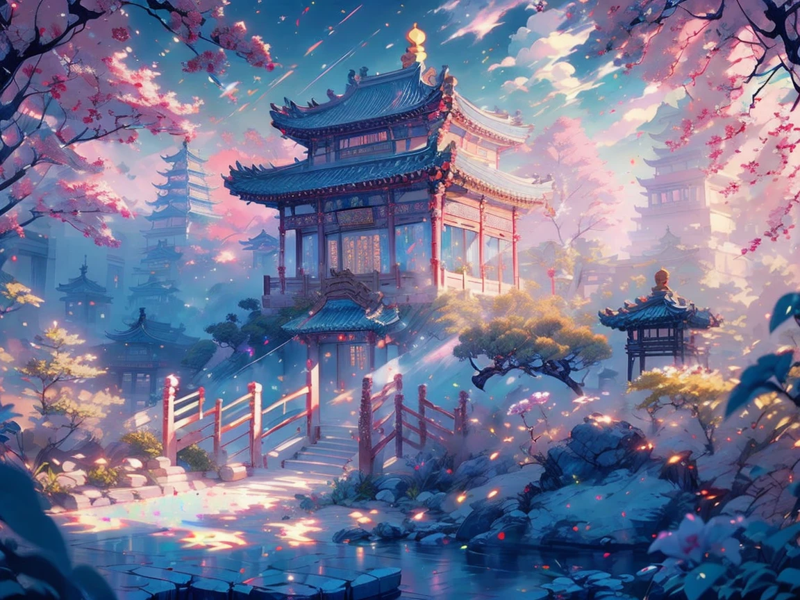 ultra high definition,고화질,8k,delicate expression,Precise rendering,fantasy,oriental style, Oriental Background, 고대 중국 temple, giant mansion,Axial restoration, White concept, opal 장식,temple,shining,opal,High Place Daishitang,A huge shrine on a high place,A shrine at a very high place,colorful colors,opal색 벚꽃,opal색 꽃