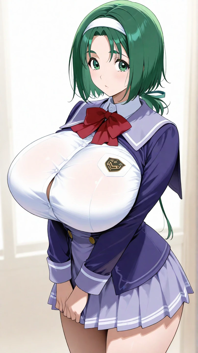 onoderachizuru, green hair, hairband, short hair, yellow eyes, brown eyes,, large breasts,, Live Stage, solo nsfw, Blazer uniform