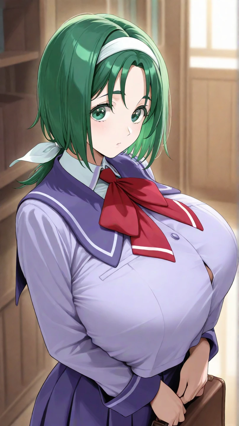 mastute piece,Best Quality,insanely detailed,8k cg,nsfw,
shoot upper body,(body in front:1.1),
1girl,standing,looking at viewer,(green kimono),bare breasts,
break,blush,shy,(trembling:1.2),purple hair,(large breasts:1.2),(open mouth:0.9),(hostel),