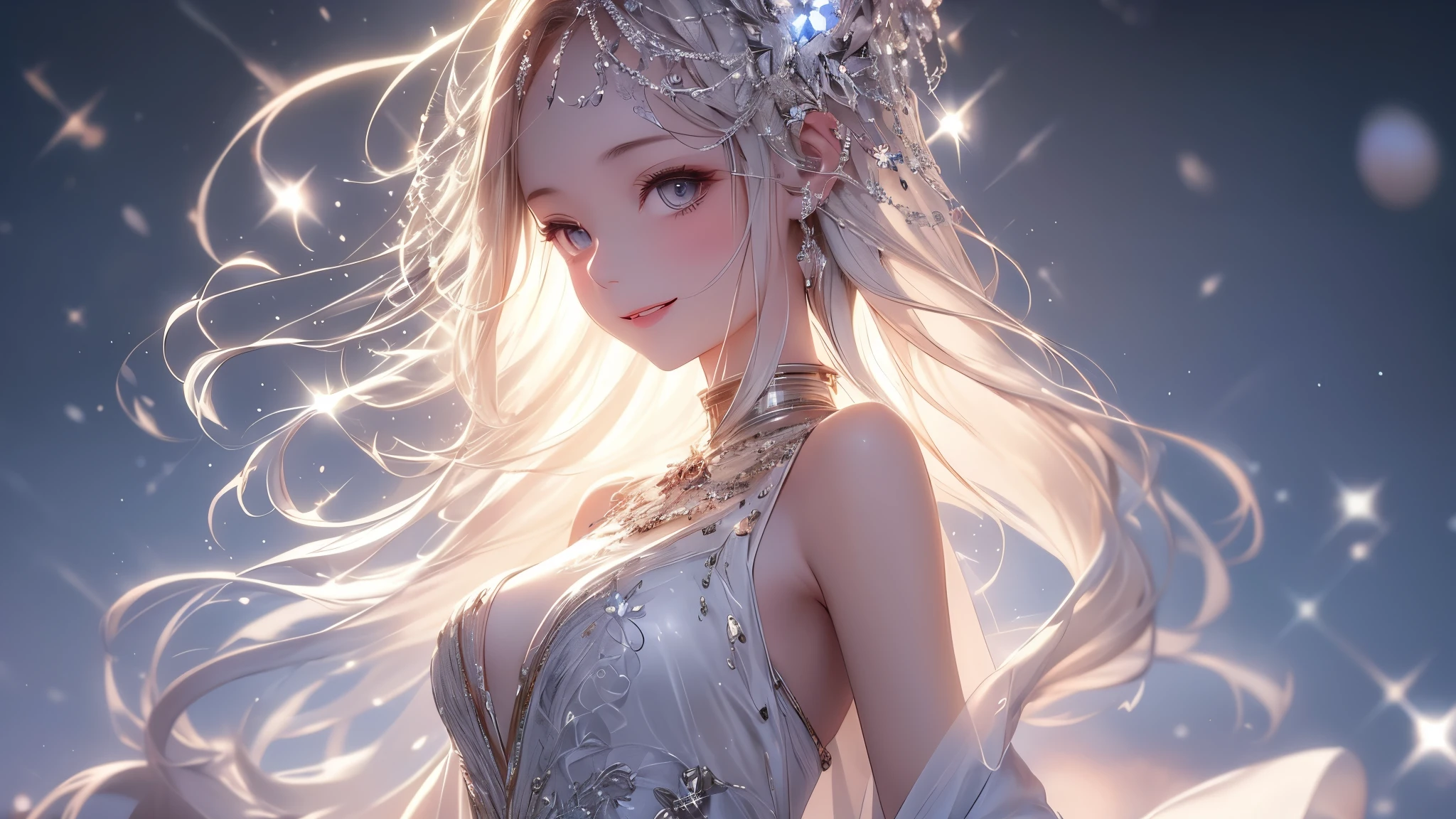 (masterpiece),(4K),High Quality,(small breasts),1 girl、 woman, Long Silver Hair ,pale skin,smile, beautifully detailed grey eyes, ( high-definition and elegant ),( white cape let fashion), Magical Color and Atmosphere, detailed skin from sleeve to chest,(Cute sparkle), light particles, The background is softly blurry ,Add a dramatic and iconic element to your scene, description boundary ahead of the large end, Bokeh, Silky to the touch , see-through silk, soft, lightweight garment、beautiful and neat face、The chest silhouette can be seen through、 hyper details,creates a dreamy and elegant atmosphere
