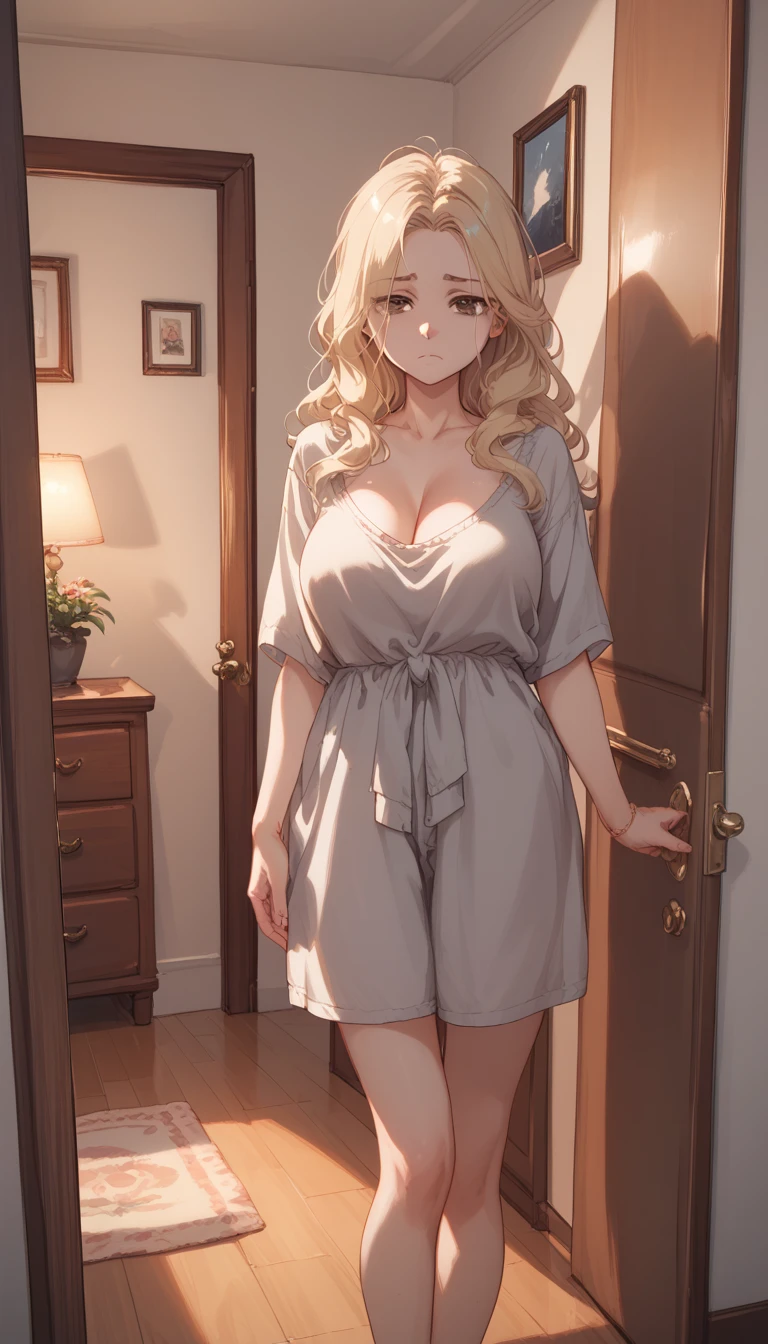 masterpiece, best quality, highres, perfect pixel, depth of field, 1girl, single, solo, beautiful anime girl, beautiful artstyle, (beautiful eyes), (detailed face), (blush), anime CG style, (medium breasts), good lighting, dynamic angle, perfect body, lips parted, (sakura kinomoto), glossy lips, through door, (open dressing gown), (full body)