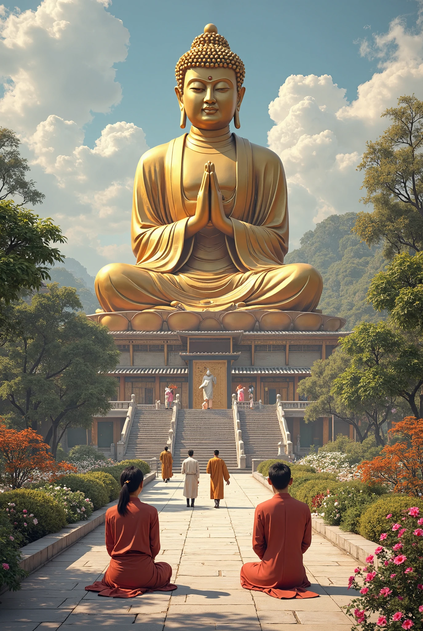 (Best quality, A high resolution, Masterpiece:1.2, In 3D style), A painting depicting a detailed and realistic scene of a serene ancient Chinese temple courtyard. In the center of the image is a giant golden bronze Buddha statue seated gracefully in the lotus position, exuding tranquility and wisdom. The Buddha, with hands clasped in prayer, symbolizes reverence and faith. Below the statue, a couple dressed in traditional Chinese attire kneels humbly in prayer, their expressions filled with deep devotion. A few visitors walk respectfully through the temple grounds, admiring the sacred atmosphere. The courtyard is adorned with flowering bushes and greenery, adding natural beauty and color. In the distance, the architectural structure of the temple can be seen, seamlessly blending with the surroundings. The overall aesthetic reflects the elegance and cultural richness of ancient China, brought to life through vivid realism and historical authenticity,
