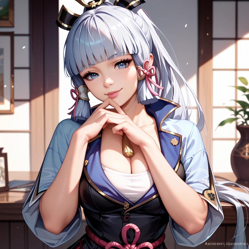 Masterpiece, highest resolution, highest quality, white kimono, large breasts, cat ears, floral pattern, yellow eyes, gray hair, twintails, ingenuity upscale (fixed parameters)