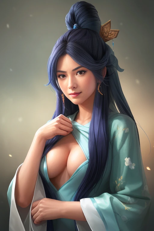 1 girl in, meme, Two layers of fine eyes, look at the audience,  Incredibly Long Hair , blue hair,Jewelry on the head,
Upper body, chinese clothes, Hanfu, , cleavage,( Open your clothes :1.4), Magical face, wearing cosmetics ,（Watercolor Painting）