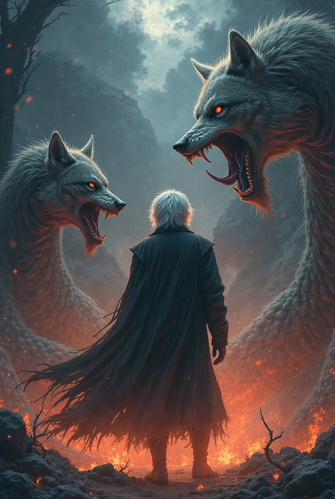 As the fabric of reality begins to tremble, channel the essence of chaos into your creation. Invoke the Dimensional Creation Technique: Wolves of the Abyss and watch as the ground trembles and splits open, revealing a surreal landscape. From the darkened earth, wolf heads—fierce and menacing—emerge, their piercing eyes glowing with primal fury. Each head is connected to a sinuous, serpentine body that slithers with unnatural speed, coiling and writhing as they rise.

With their muscular forms undulating, these monstrous entities become a terrifying spectacle. Their jaws snap, revealing rows of sharp teeth glistening with a hunger for battle. As the formidable wolves lash out, the ground seems to pulse with their thundering presence, creating a rhythmic pattern that echoes through the air, commanding the technique was a man with wolf ears, white hair, orange eyes, wearing a black coat that covers his whole body, and vampire teeth, a breed of a vampire and a wolf. He stands commanding the technique, ANIME/MAMGA ARTSTYLE