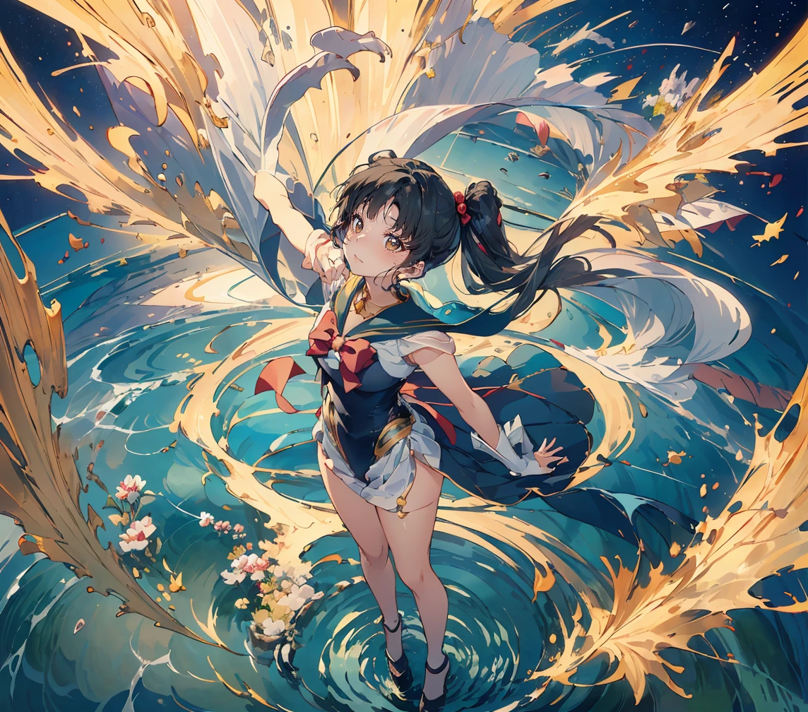 Official Art, Unified 8K Wallpaper, Ultra Detail, Beautiful and Aesthetic, Masterpiece, Best Quality, (Zentangle, Tangled, Intertwined), (Fractal Art: 1.4), 1girl, Beautiful Girl,Black Hair, Japanese, Bare Shoulders, Short Skirt, Calf, Navel, Very Detailed, Dynamic Angle, Cowboy Shot, (Chaos of the Most Beautiful Shape), Flowing, (Bright Colors), OC, (Half: 1.2) , Japan, (Tanka Flying Sky: 1.5), (Ribbon: 1.3), (Dream: 1.5), (Japanese: 1.5), Japan Dragon, Phoenix, (Smile: 0.5), (God of Japan),