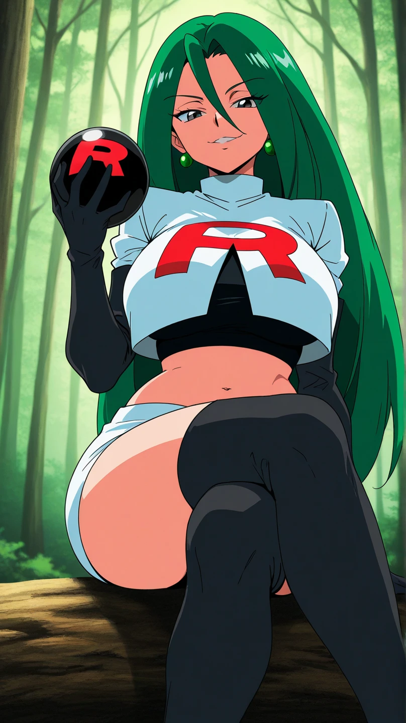 8k, masterpiece,highres, team rocket uniform, red letter r, white skirt,white crop top,black thigh-high boots, black elbow gloves, evil smile, looking down at viewer, hands on hips, cowboy shot, zettai ryouiki,spread legs,from below, black panties,anime style, vivid colors, sharp focus, intense lighting,eirika fe