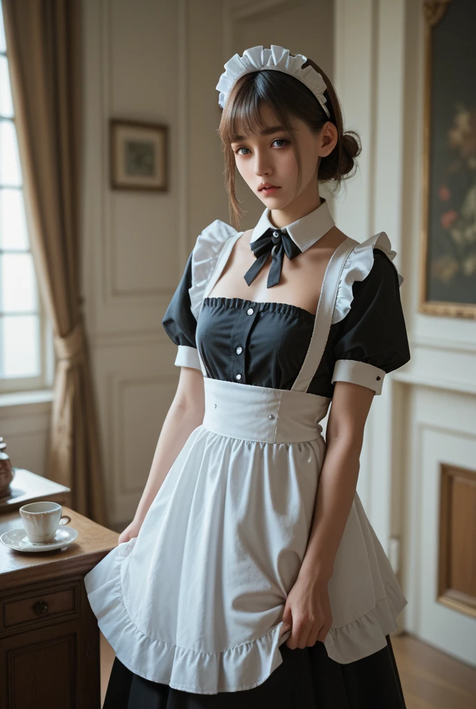 (8K, Raw photo, Best Quality, masutepiece:1.2), high-definition RAW color photography, professional photograpy, cowboyshot, (Realistic, photographrealistic:1.37), ((Best Quality)), 25 year old woman, Cinematic Light, (finerly detailed face:1.2), (masutepiece:1.5), (Best Quality:1.2), (Mole:0.5), (Smiling:0.9), (Looking at Viewer:1.2), (Skirt lift:1.4), Wrinkled white panties, bowtie, (Detailed Maid:1.2)