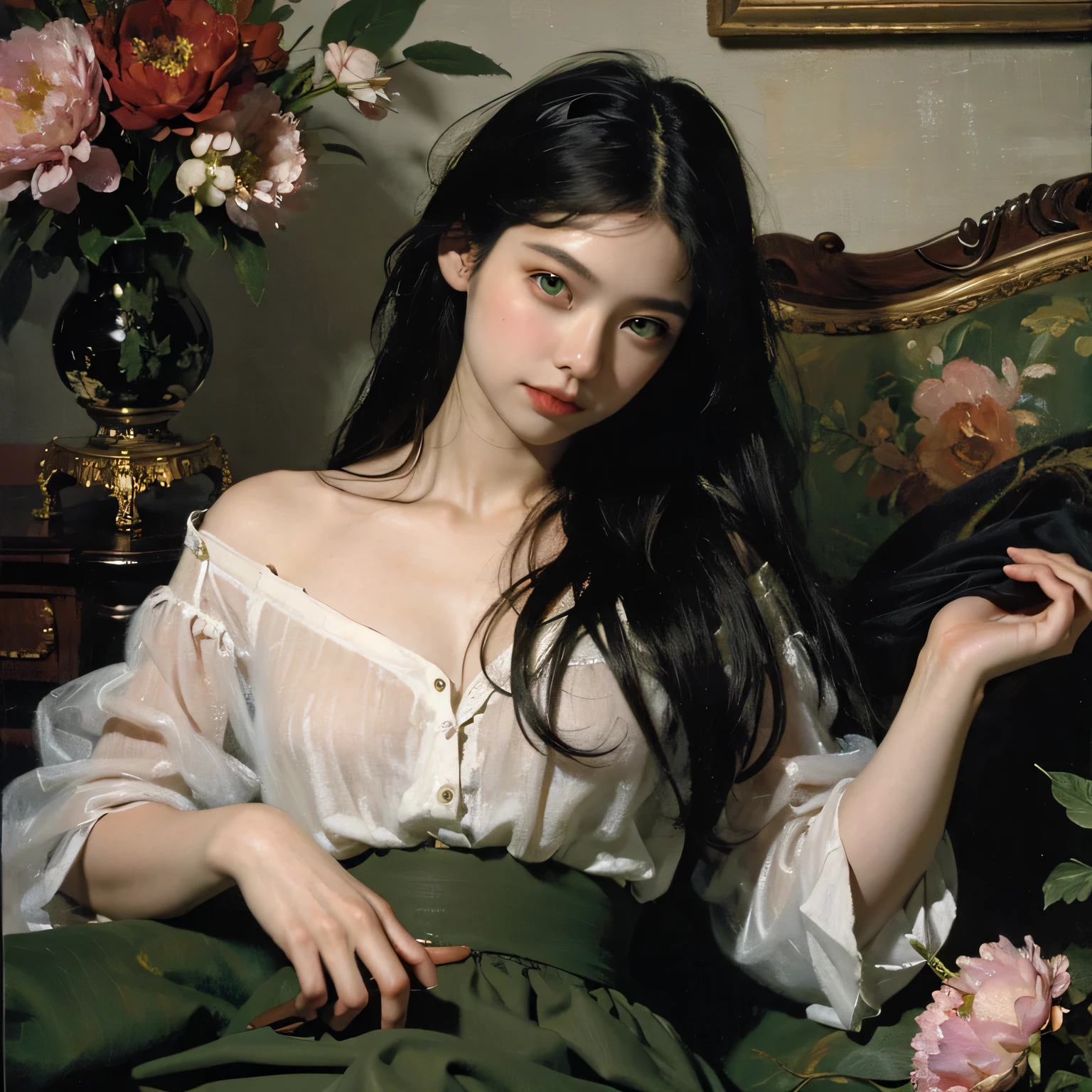 (oil painting:1.5), \\ a woman with (long curtly hair ), ((green eyes)) is lie on the ground in veil, peony, (amy sol:0.248), yellow, with skirt, (stanley artgerm lau:0.106), (a detailed painting:0.353), (gothic art:0.106)
