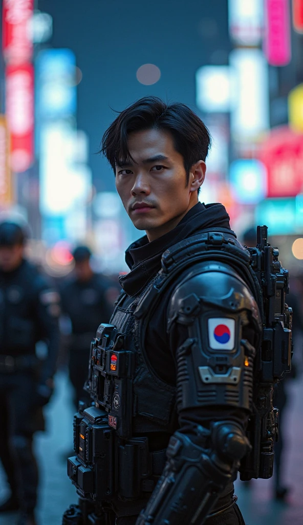 Lee Byung-hun in sleek modern combat armor with Korean flag patch, leading a tactical squad in a neon-lit city under siege, cyber-military gear with tech HUDs, serious and sharp expression, cinematic  with K-drama vibes