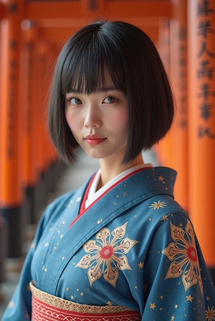 (top quality,4K,8k,high resolution,masterpiece:1.2),very detailed,(realistic,photorealistic,photo-realistic:1.37),Maiko,（full body）、Textured Straight Ultra Short Bob Haircut、Nipples、 small 、frosty gaze with a happy face、perfect anatomy、depth of field、blue kimono with mandala、Kyoto、Thousand Torii Gates、colorful、Black and White