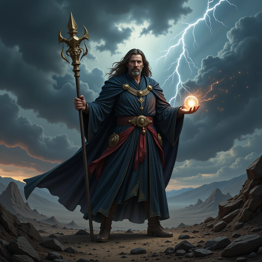 homme sorcier avec un sceptre et une boule de cristal,cheveux longs, dans un décor apocalyptique avec de la foudre et des éclairs dans le ciel 