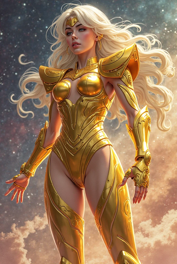 BOMBSHELL BLONDE VALKYRIE FLYING OUTERSPACE, , PALE SKIN, YELLOW EYES, HIGH CHEEKBONES, ROSY CHEEKS, MENTAL FORAMEN, HUGE LONG HAIR, DOUBLE BRAIDED HAIR, GOLD THONG LEOTARD ARMOUR, GOLD LONG JUMPSUIT, GOLD NECK JUMPYSUIT, BUTT SCRUNCH, LONG GOLD GAUNTLETS, ATHLETIC CURVY BODY, DETAILED QUADRICEPS, MUSCLES, BACK BODY VIEW, SWEATY GLUTES, GOLD SHOES, FULL BODY PERSPECTIVE, SPRITE LIGHTINGS, OUTERSPACE, RAYS OS LIGHT, SUN, BACK LIGHTS, NIGHT SKY, ACCURATE IMAGE, MASTERPIECE.