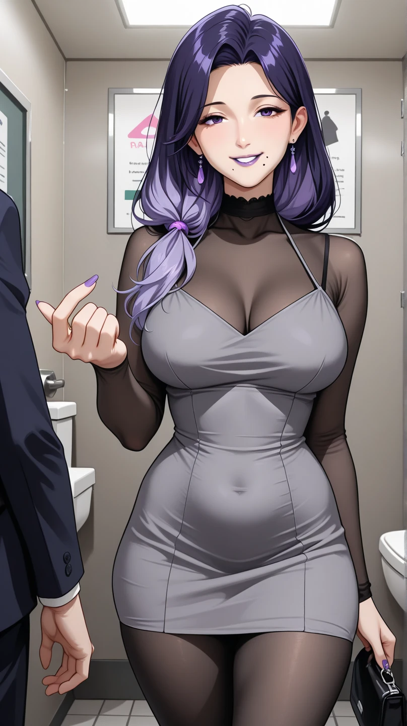((Full body):2) {((a woman and a man):2)}; {Only one woman}:{((She is wearing extremely sexy black maid outfit extremely tight and short in the body, with very short and tight white skirt):1.5), She has ((very short purple hair and sparkling green eyes ):1.5), She has ((extremely large breasts):1.5), She is ((looking at the viewer, smiling):1.5), She is ((striking an erotic pose):1.5)}; {Just a man}:{((He has short brown hair, blue eyes, is wearing a black suit, long dress pants):1.5), He ((is holding tightly):1.5) her, grabbing her by the waist}; {Background:((In a well-lit hotel, crowded with people of different ethnicities and clothing):1.5)}, Hyperrealism, 16k, ((best quality, high details):1.4), anatomically correct, UHD, masterpiece, ambient lighting