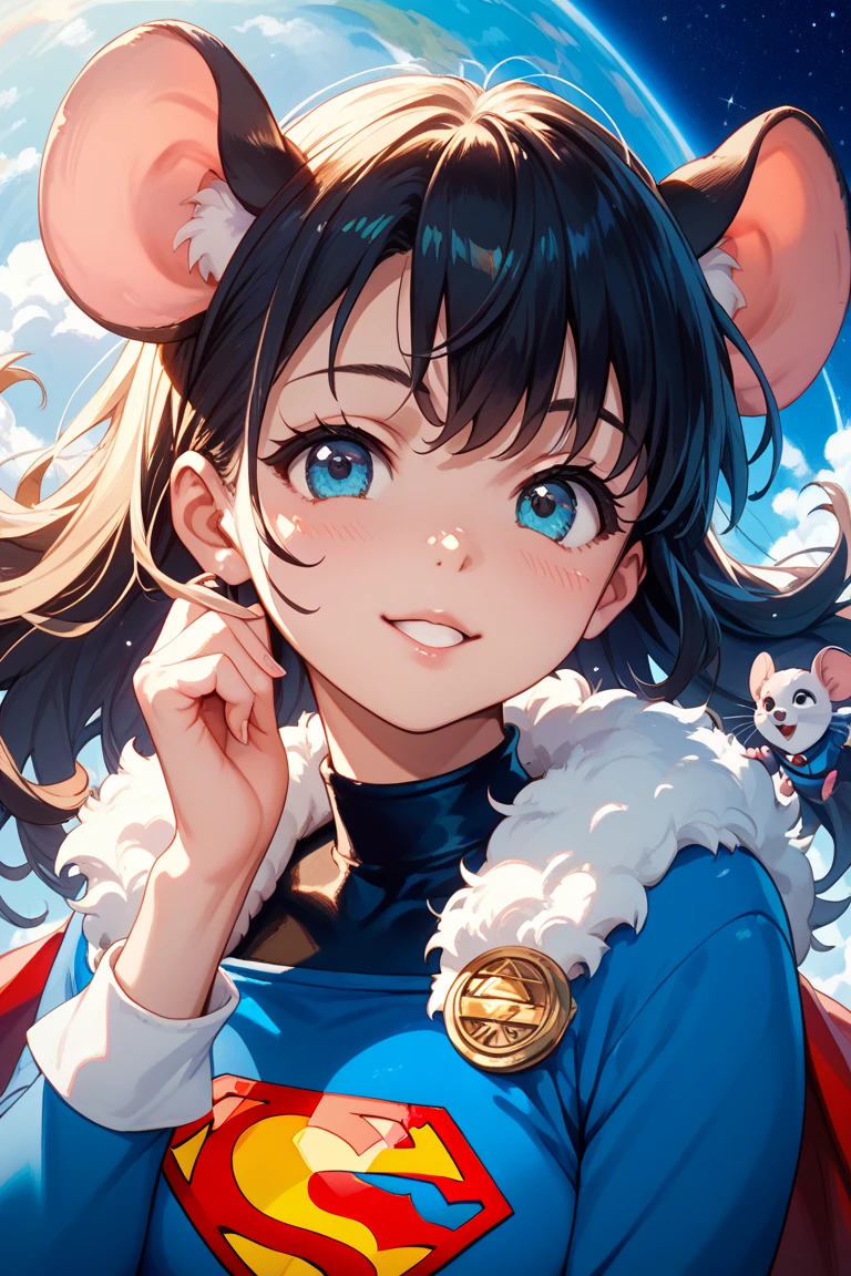 mouse in a superman costume。lift a huge earth、god々しい光があたる。Realistic Painting。
The mouse that shines bright light is fluffy、cute。make an image in outer space