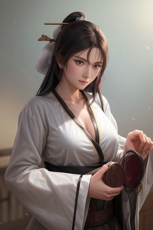 Adult woman, long brown hair, high ponytail, yellow eyes, purple hanfu, open breasts, masterpiece, high quality