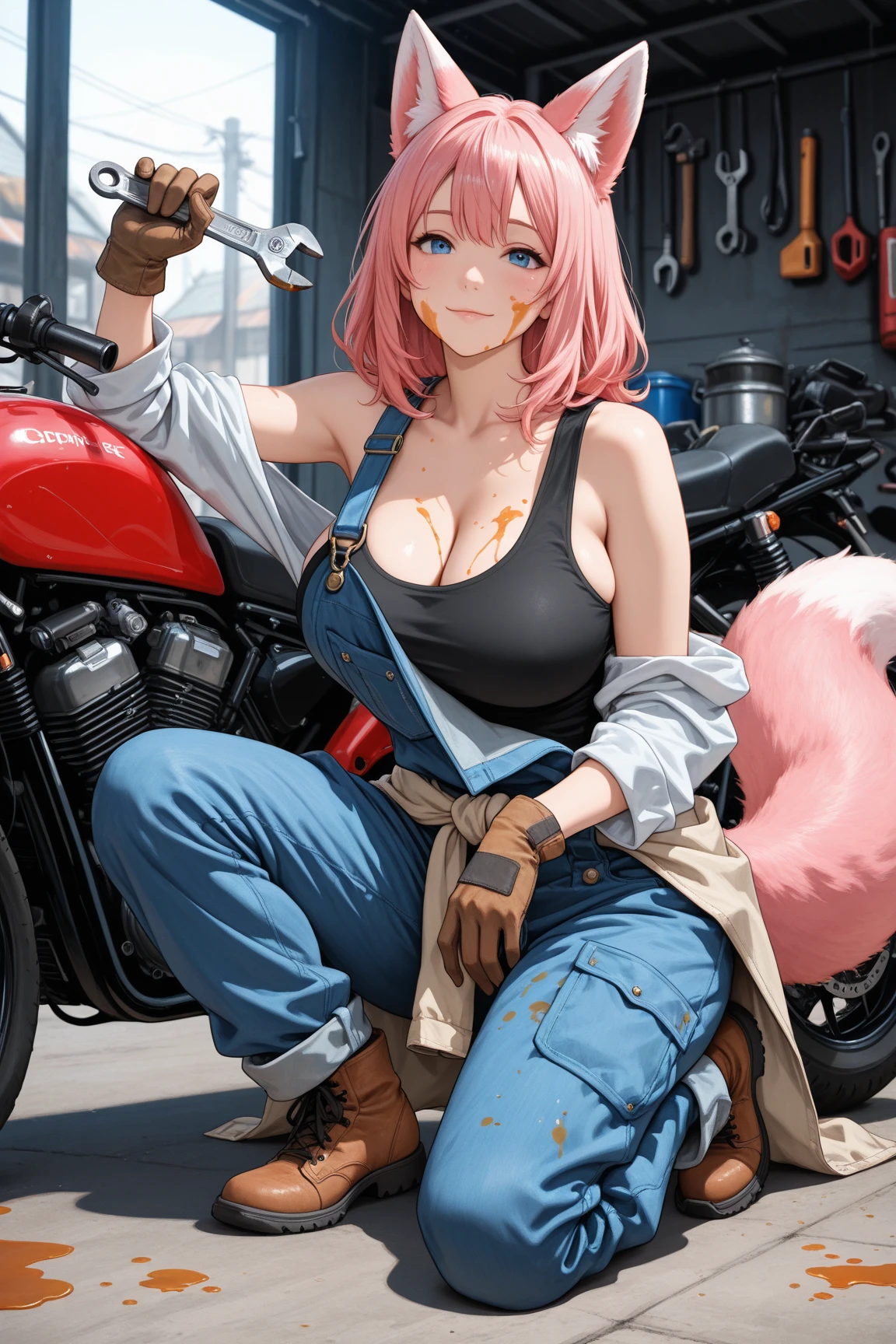 Only one female, ( sitting beside a motorcycle) ( get down on one knee ), mechanic, (black tank top), (( loose overalls ) Sleeves Wrapped Around the Waist ), (mature woman:0.8),pink fox ears、pink foxtail、pink hair、blue eyes , a light smile, (Oil stains on the cheeks:1.1), (Masterpiece Highest Quality:1.2) delicate illustration super detailed, big breasts, ( Holding Spanner , Wrench), Glove Break (garage) indoor, ( sporty motorcycle :1.1), Mr.々 Tools and Parts , detailed background