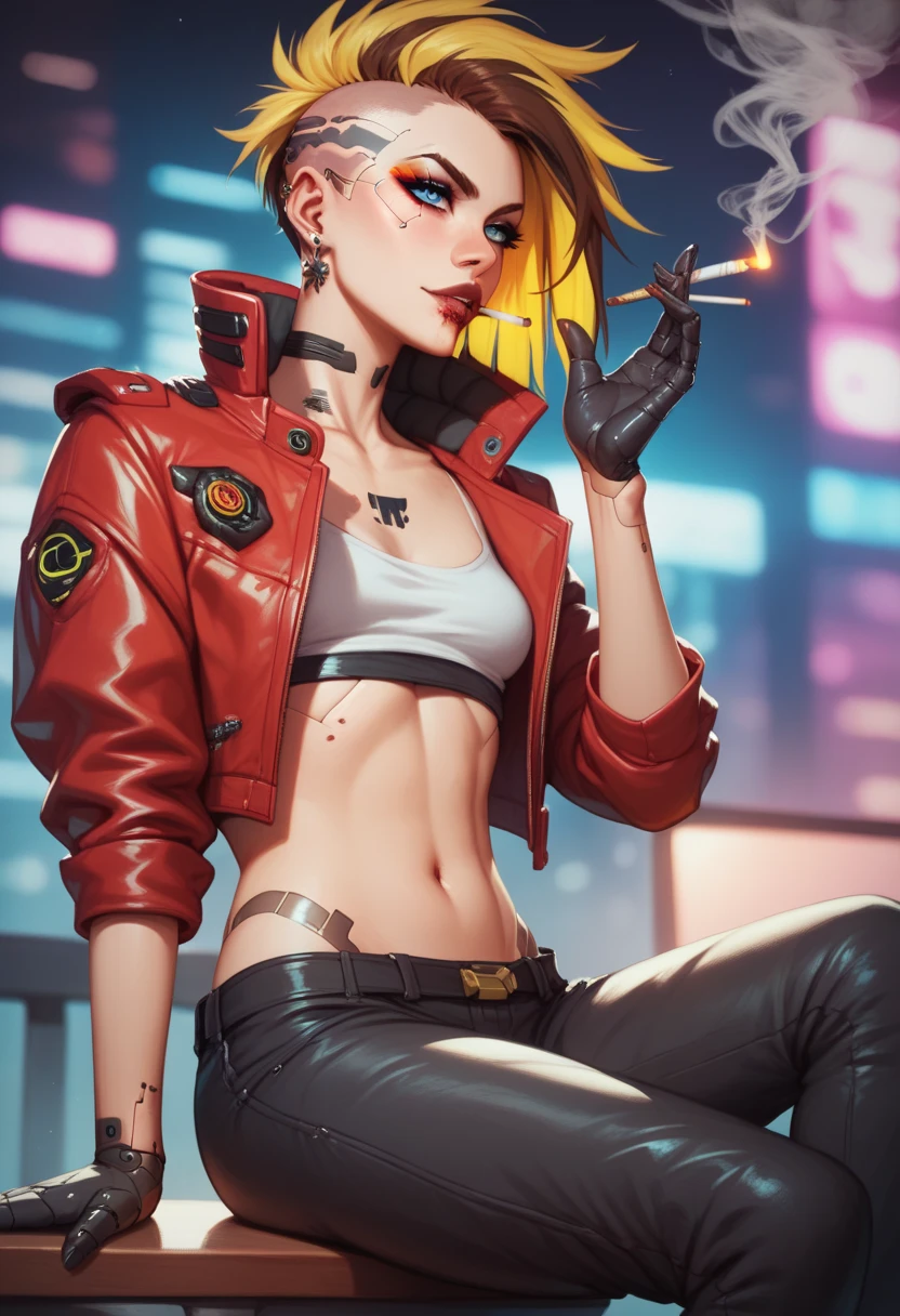 extremely beautiful model, 20 years old female, skandinavian, cyberpunk, brown punk hair, red leather jacket with yellow highlights, sitting relaxed on stool, cyberpunk bat, bloody lip, blue eyes, black robotic hands, relaxed face, smoking cigarette in mouth, black cargo pants, skinny, small breasts 